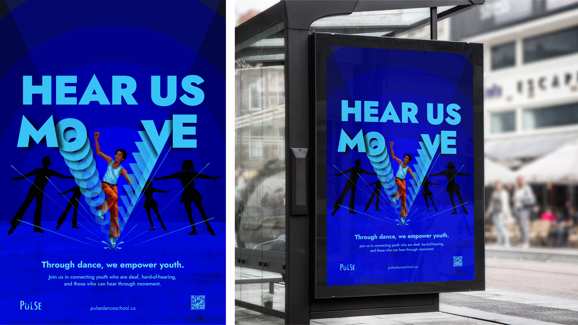 Typographic poster that says, HEAR US MOVE, and the same poster on a bus shelter.