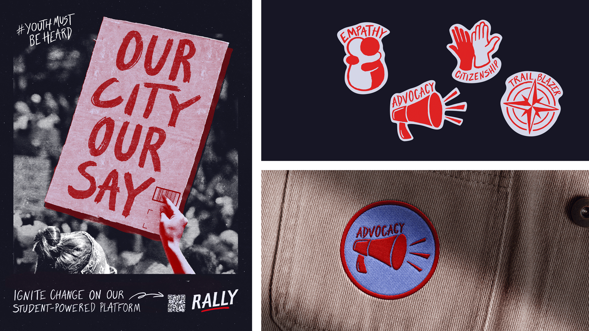 3 separate images including a typographic poster depicting a duo-toned sign that reads OUR CITY OUR SAY, five red stickers, and a patch design on a corduroy shirt.