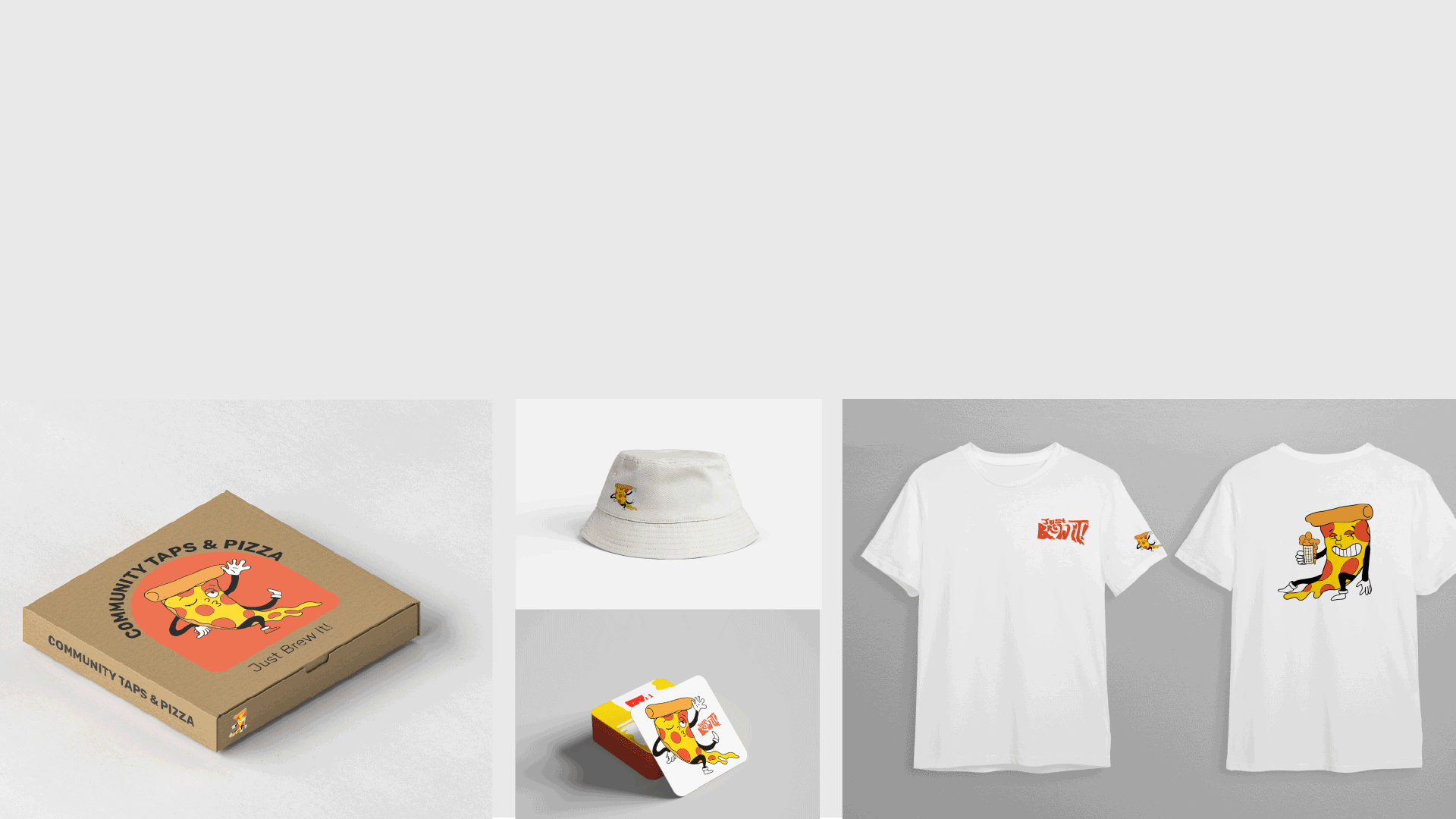 GIF of a mural from sketches to the final finished digital files with still images of collateral under the GIF. Collateral includes a pizza box, bucket hat, coasters, and teeshirts with the pizza illustration on them.