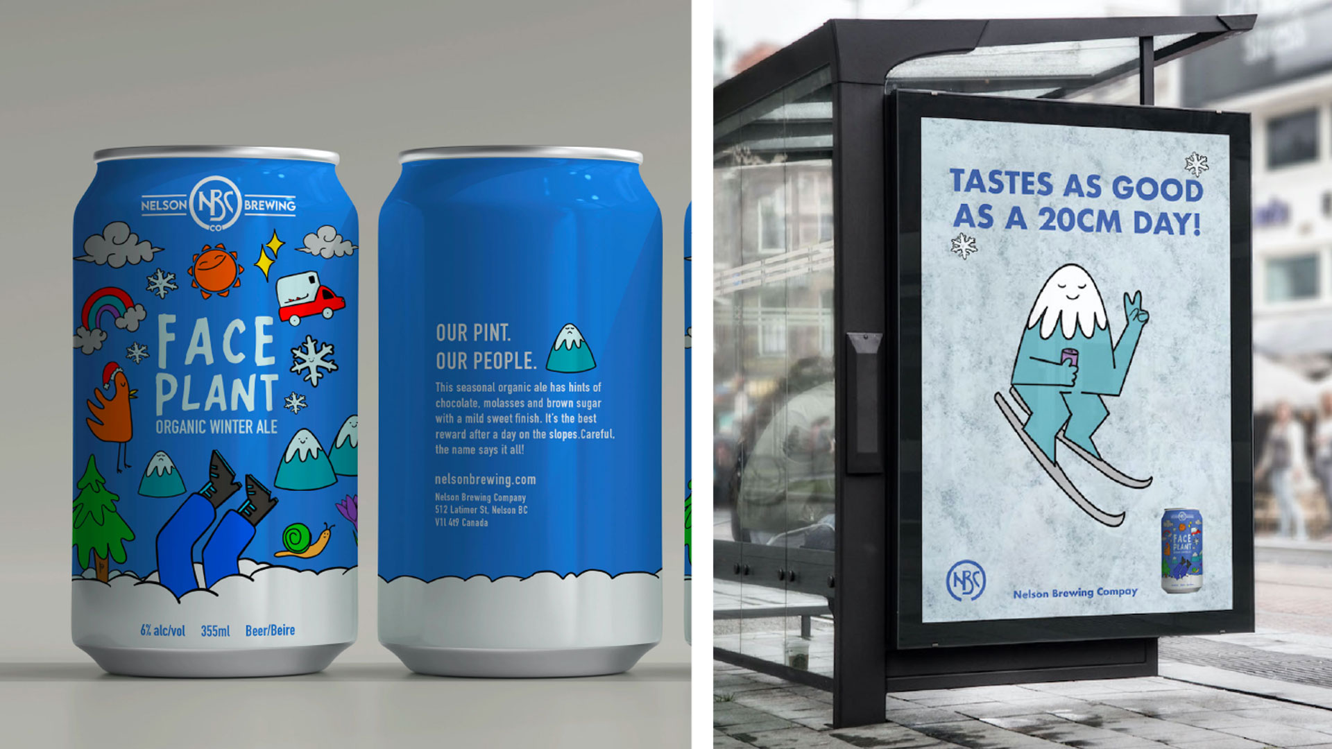 A picture on the left with two beer cans and a picture on the right of a bus shelter ad, with line art illustrations showcasing the wonders of winter.