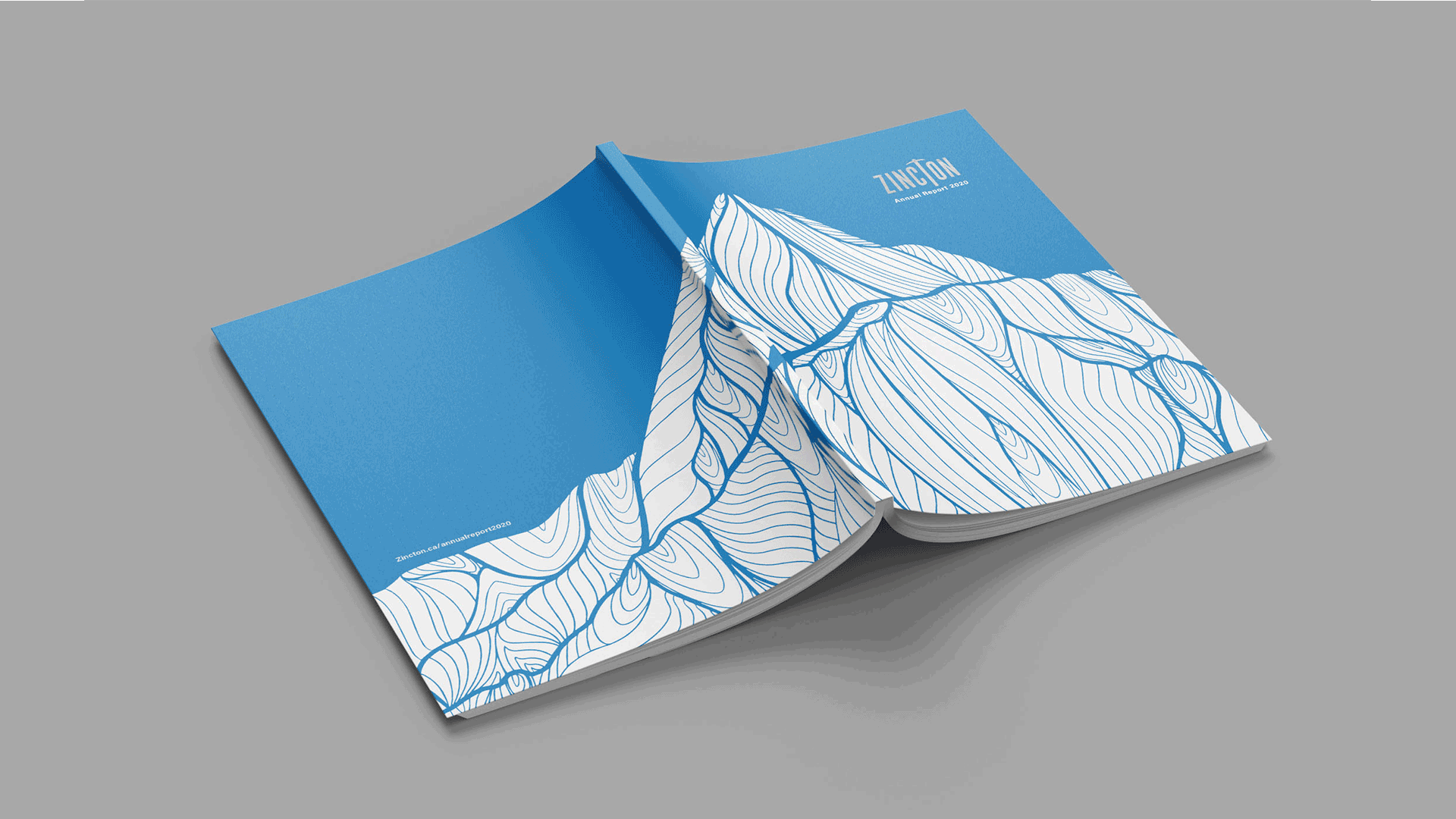 GIF of an annual report book with a mountains-scape across the cover, flipping through the pages to showcase the layout and design.