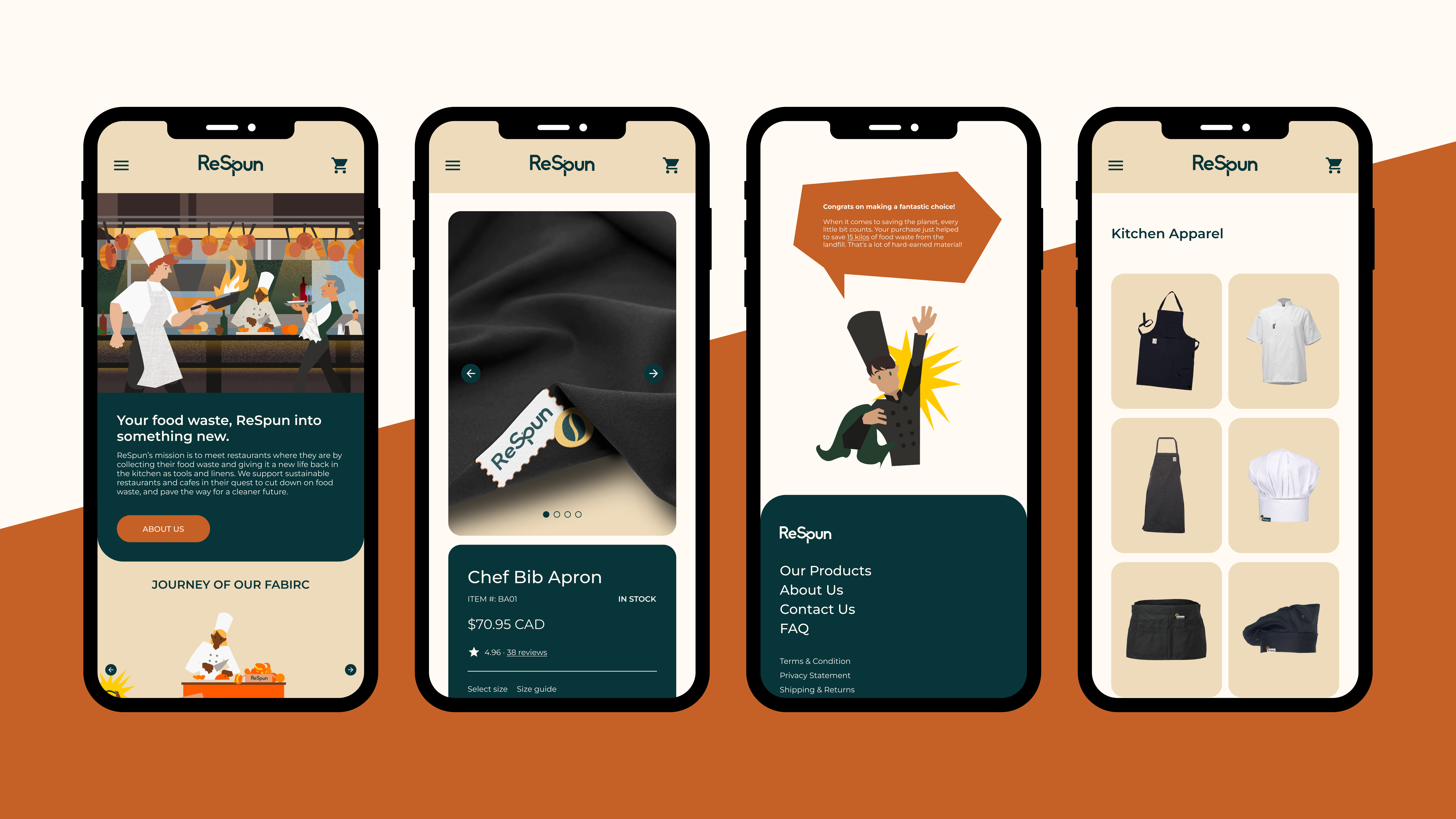 Multiple iPhone mock-up screens for the ReSpun website, shown in a modular grid.