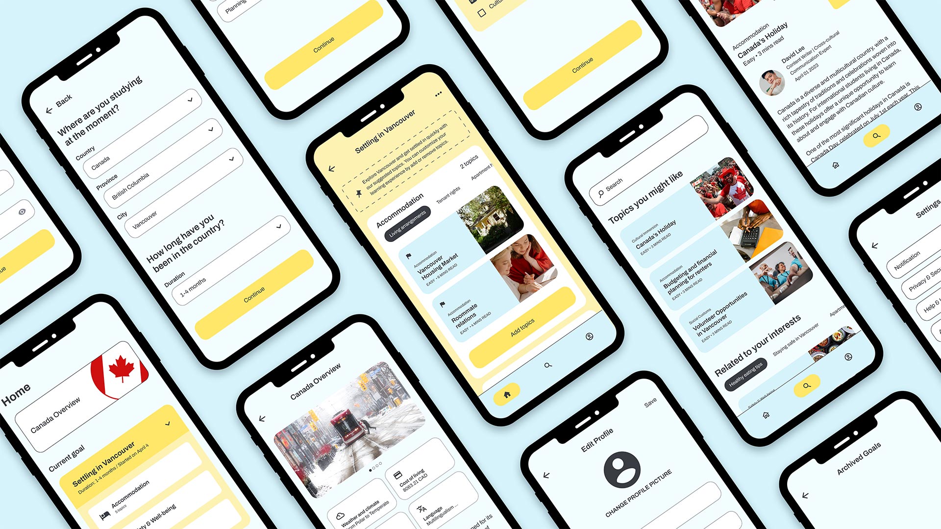 Multiple iPhone mock-up screens for the Roam app, shown in an isometric grid.