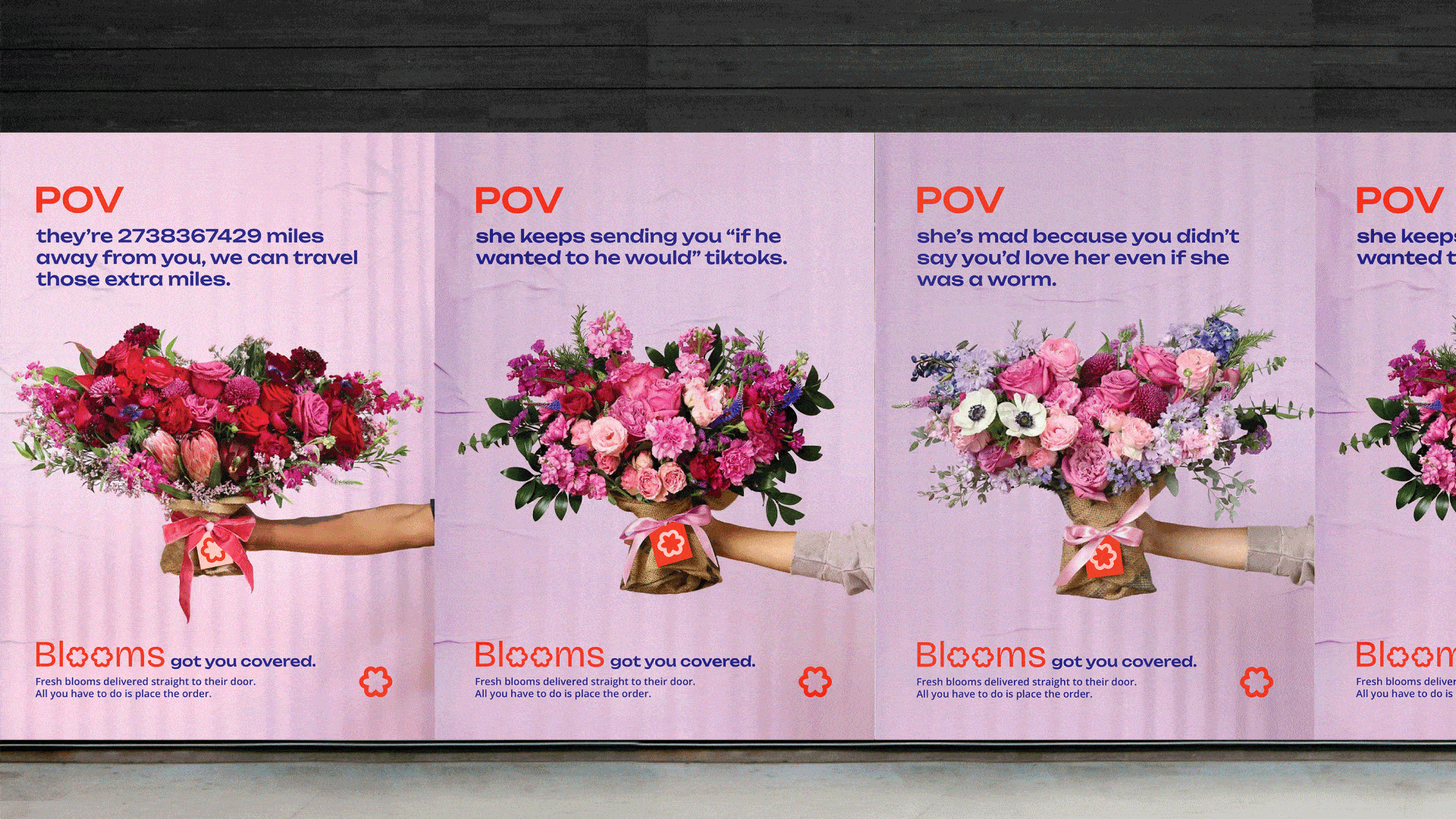 Brand assets for blooms that includes copywriting, advertising, and packaging