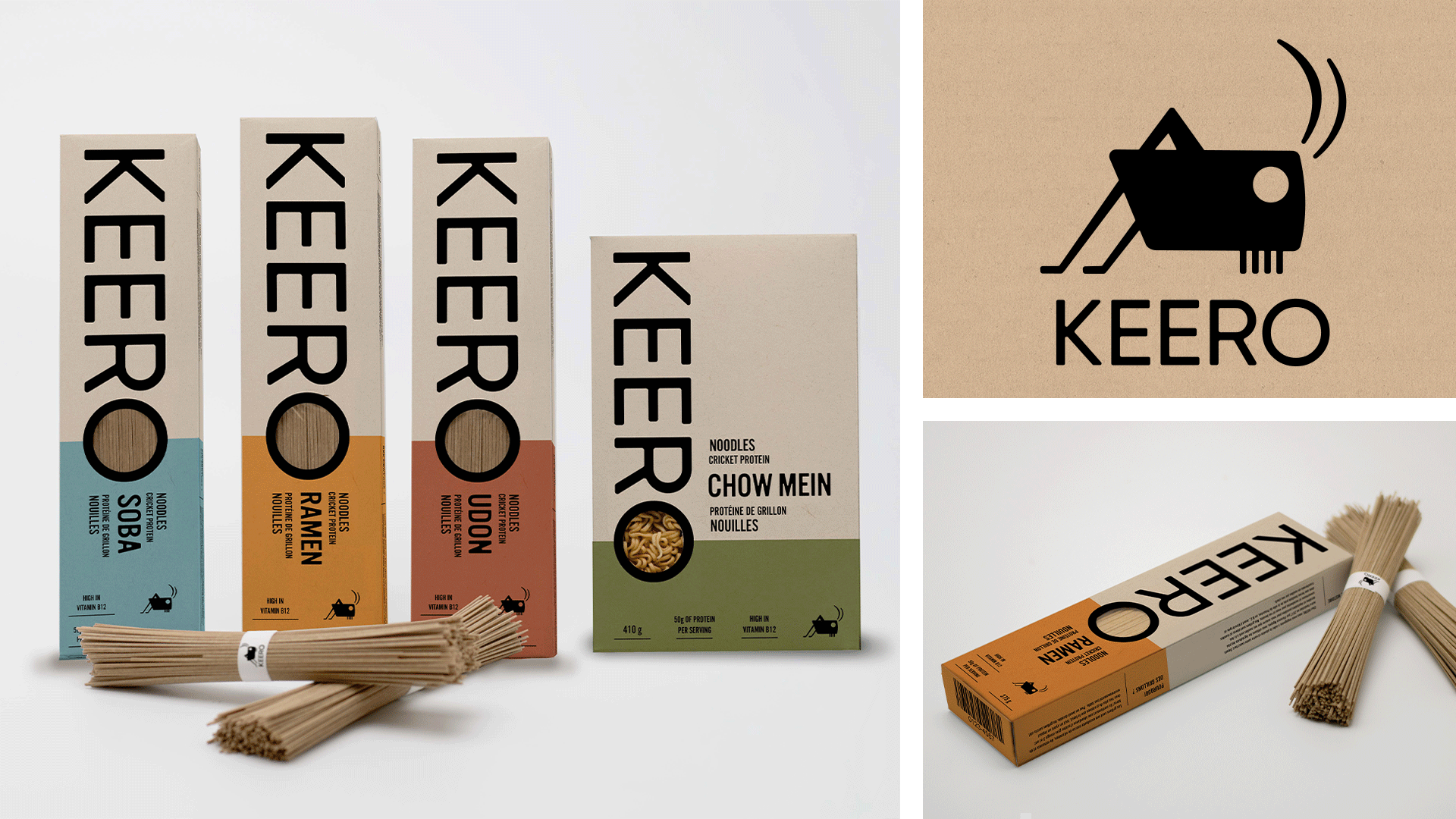 One photo of 4 noodle boxes, the KEERO logo, and a gif showcasing the front and back of the ramen box.