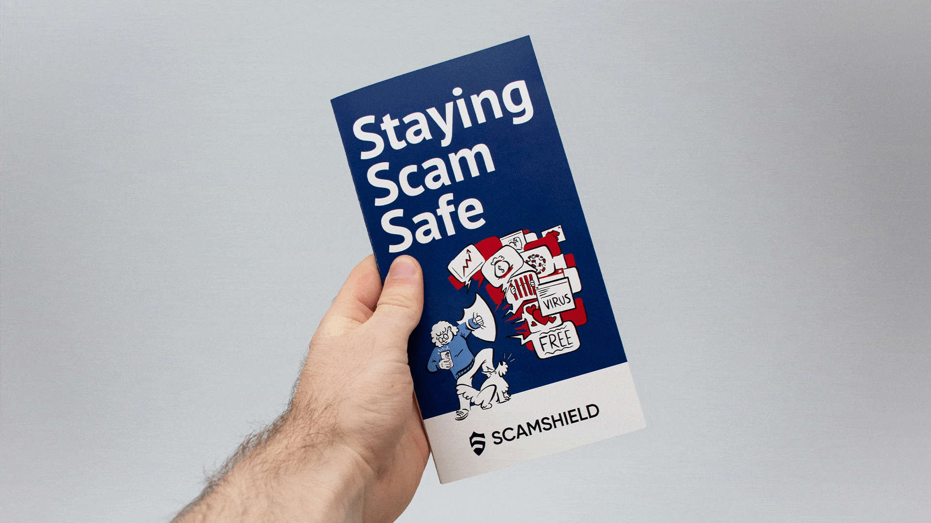 Gif of brochure cover, flatlay brochures, hands holding brochure detailing common scams, brochure spread showcasing a checklist and phone script.