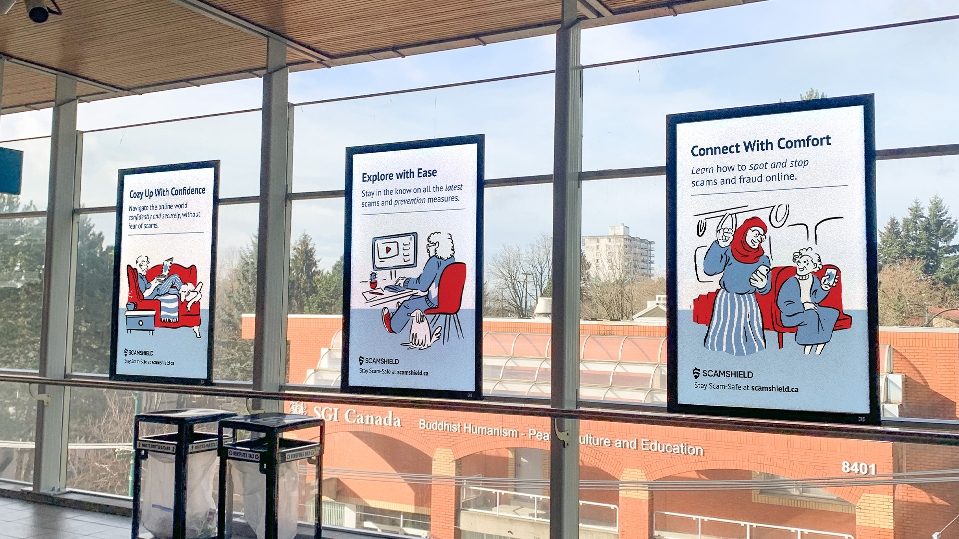 Photo of three posters at skytrain station, posters depict seniors going about daily life.