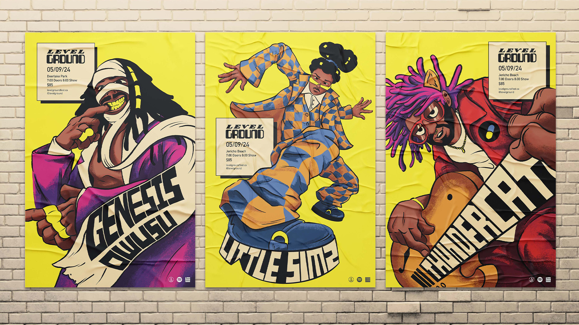 3 posters featuring illustrations of musical artists in exaggerated poses.