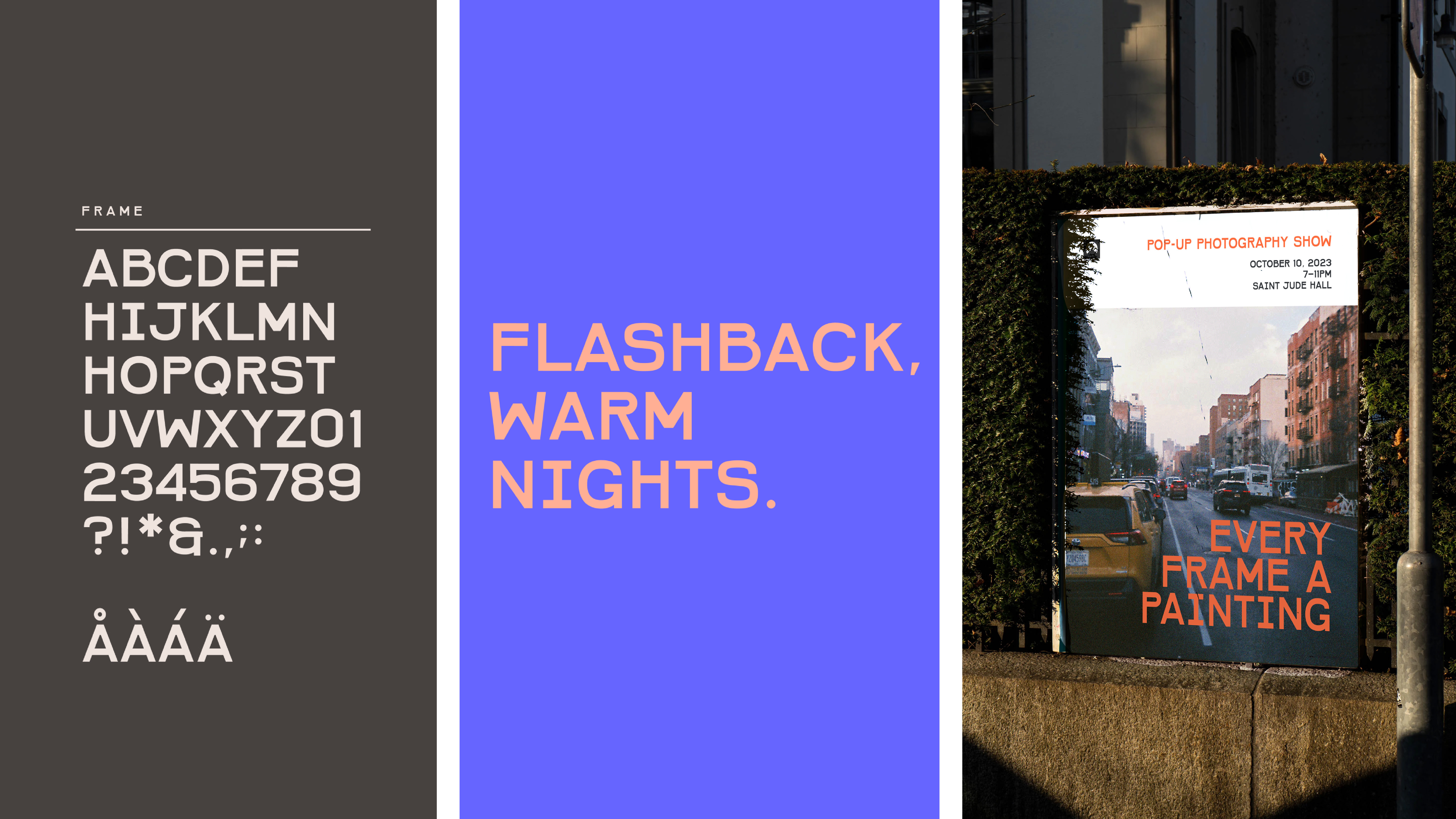 Letters and symbols arrange on a dark brown background next to a purple section with the words flashback, warm nights on it next to a poster mockup of photography with text on it.