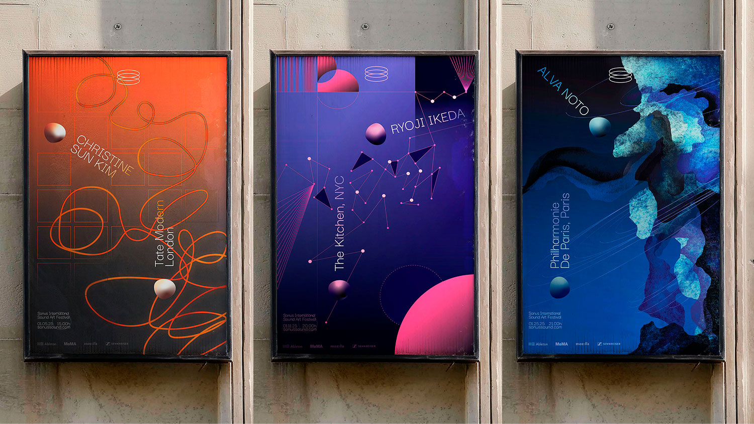 A mock-up of three different posters hanging on a cement wall.
