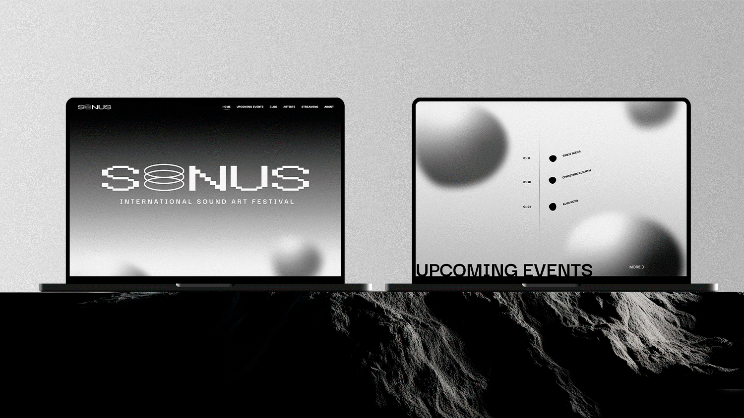 Rotating GIF of three images: the first shows a desktop home screen across two laptops resting side by side on a granite surface. The second image is split into four, displaying four laptop mock-ups from a side angle in white, blue, orange and purple. The third image features 3 desktop UI mock-ups, superimposed on a grainy background, set behind laptop screens.