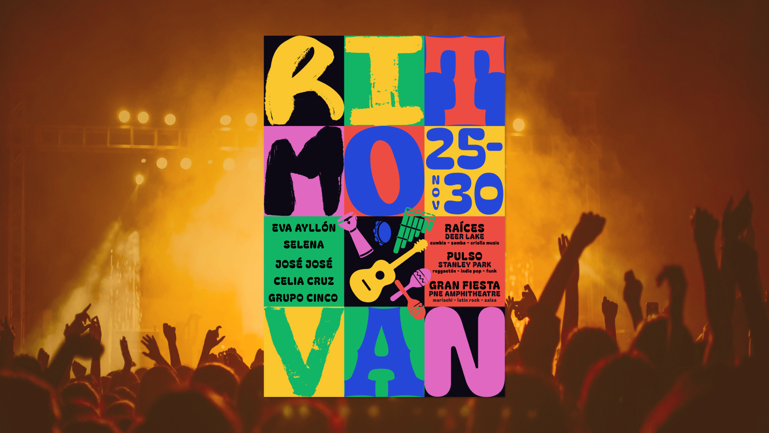 A typographic poster overlaid on a photo of a crowd enjoying a concert.