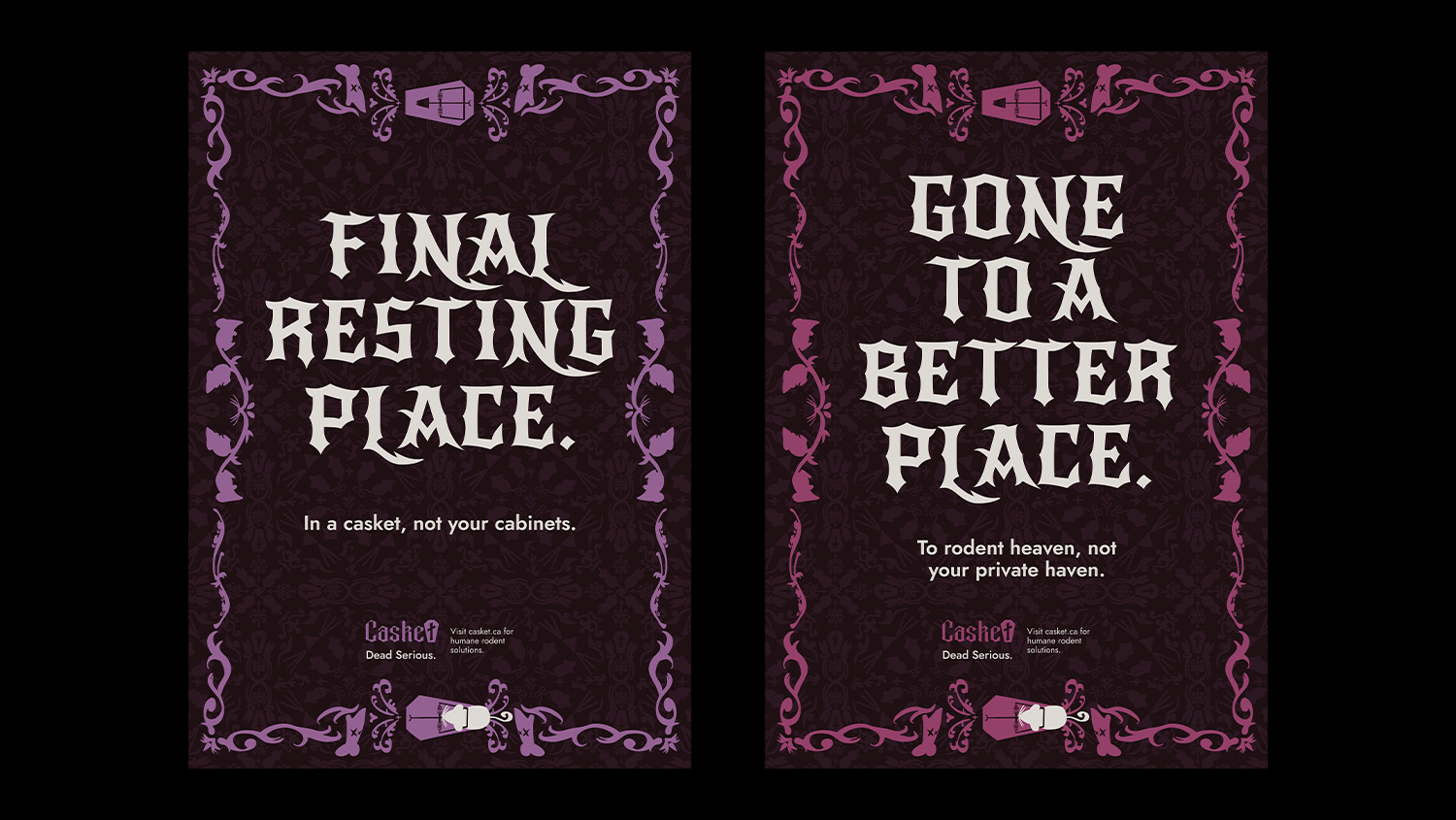 Two posters side by side are displayed on a black backdrop. The main headlines read “Final Resting Place” and “Gone to a Better Place,” followed by subheadings and Casket’s logo. There is a decorative Gothic border with rat imagery around the text.