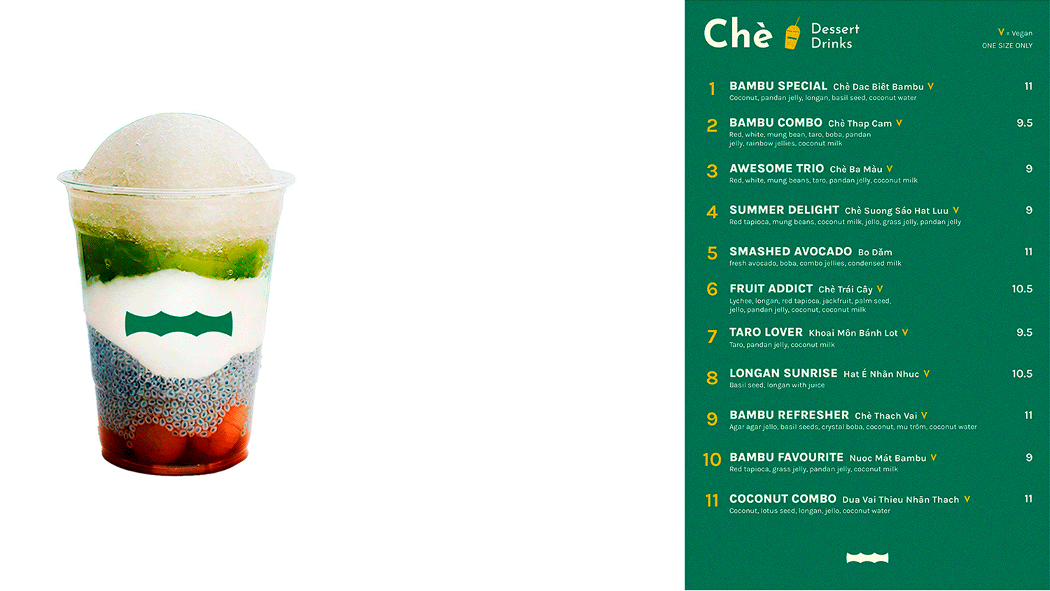 Looping GIF: a menu for Bambū is still on the right as the left side cycles through two branded cups with layered multicoloured ice-based drinks, business cards, and branded straws.