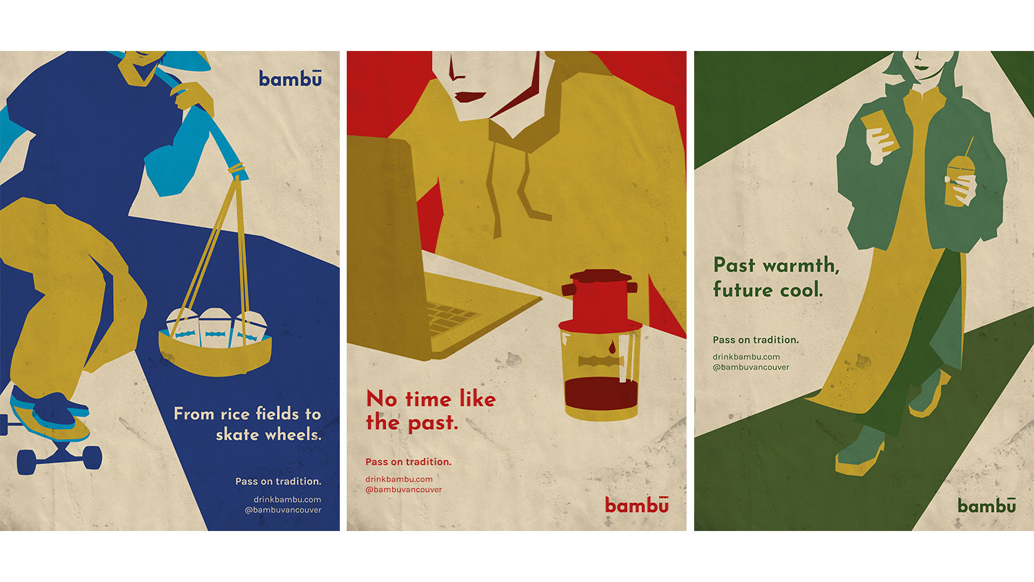 Three posters are side by side against a white backdrop. With different headlines, they all share the tagline, “Pass on tradition,” with the Bambū logo above or below. The posters feature a geometric illustration style with colour blocking.