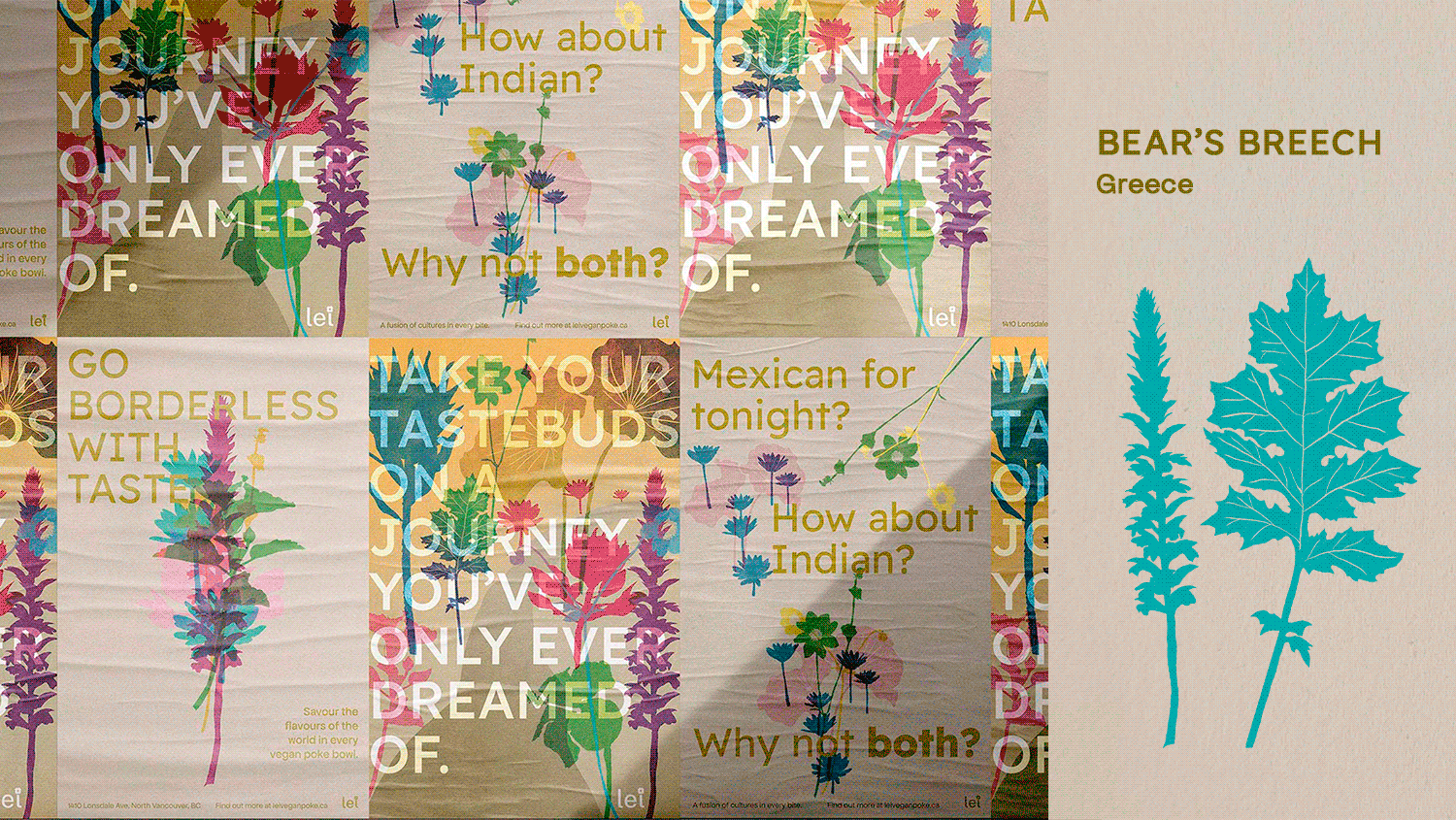 Looping GIF: on the left, a still image of three colourful posters plastered repeatedly, while five different flower illustrations, each with a caption indicating its respective country, cycle through on the right.