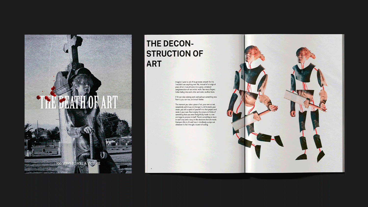 Looping GIF: front cover of The Death of Art magazine displayed to the left while cycling through 4 spreads from the magazine against a black backdrop.