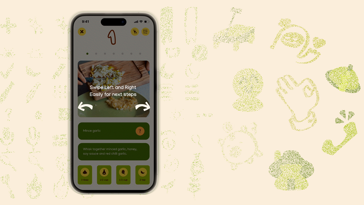 Image of a mobile phone showing the first frame of the step-by-step page where users learn a recipe one step at a time. An overlay sits on top of the mobile phone mock-up, showing the user that they can swipe left or right to go to the next or previous step.