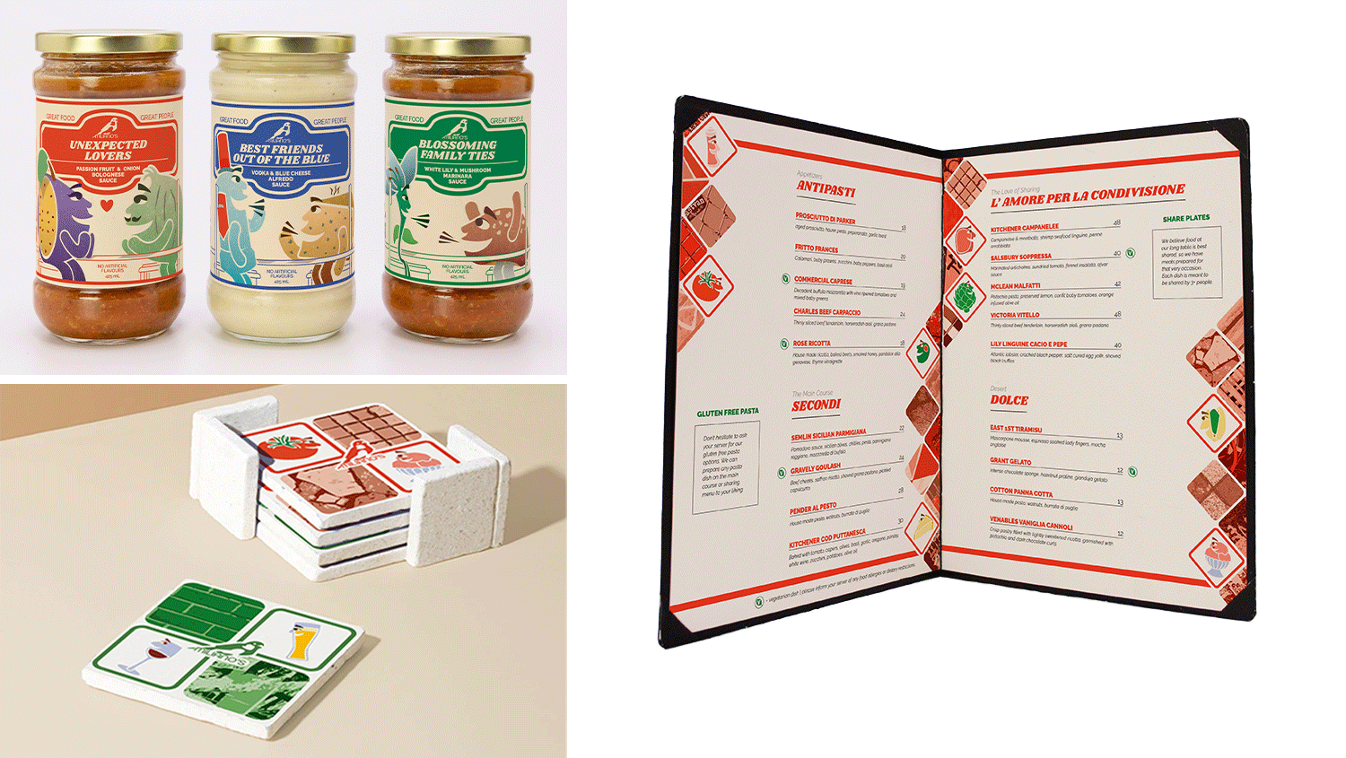 Three pasta sauce jars, featuring the front of the packaging, shot on a grey background. Beneath the sauce packaging, accompanying coasters are featured on mosaic tiles. On the right, a similarly designed menu continues the visual identity, completing a cohesive brand.