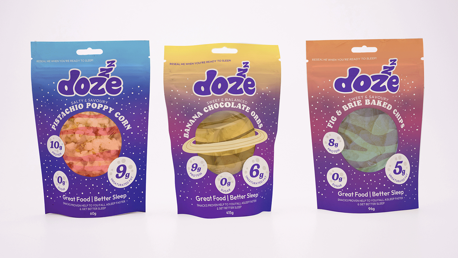 Three resealable ‘Doze’ snack bags featuring an array of snack options. The centre snack bag image alternates between the front and the back of the packaging.