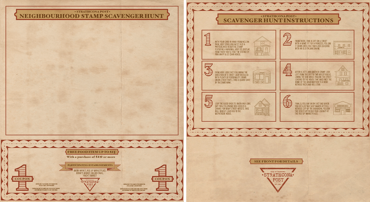 On the left, a stamp card transitions from empty to fully stamped, revealing a full neighbourhood scene. A coupon for a local business is shown below. On the right, the back of the stamp card shows step-by-step instructions for the scavenger hunt.