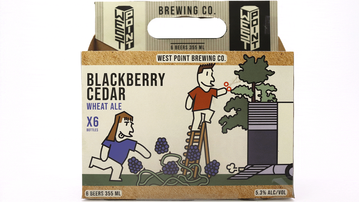 Looped GIF showing the four sides of the six-pack case design for West Point Brewing Blackberry Cedar Ale.
