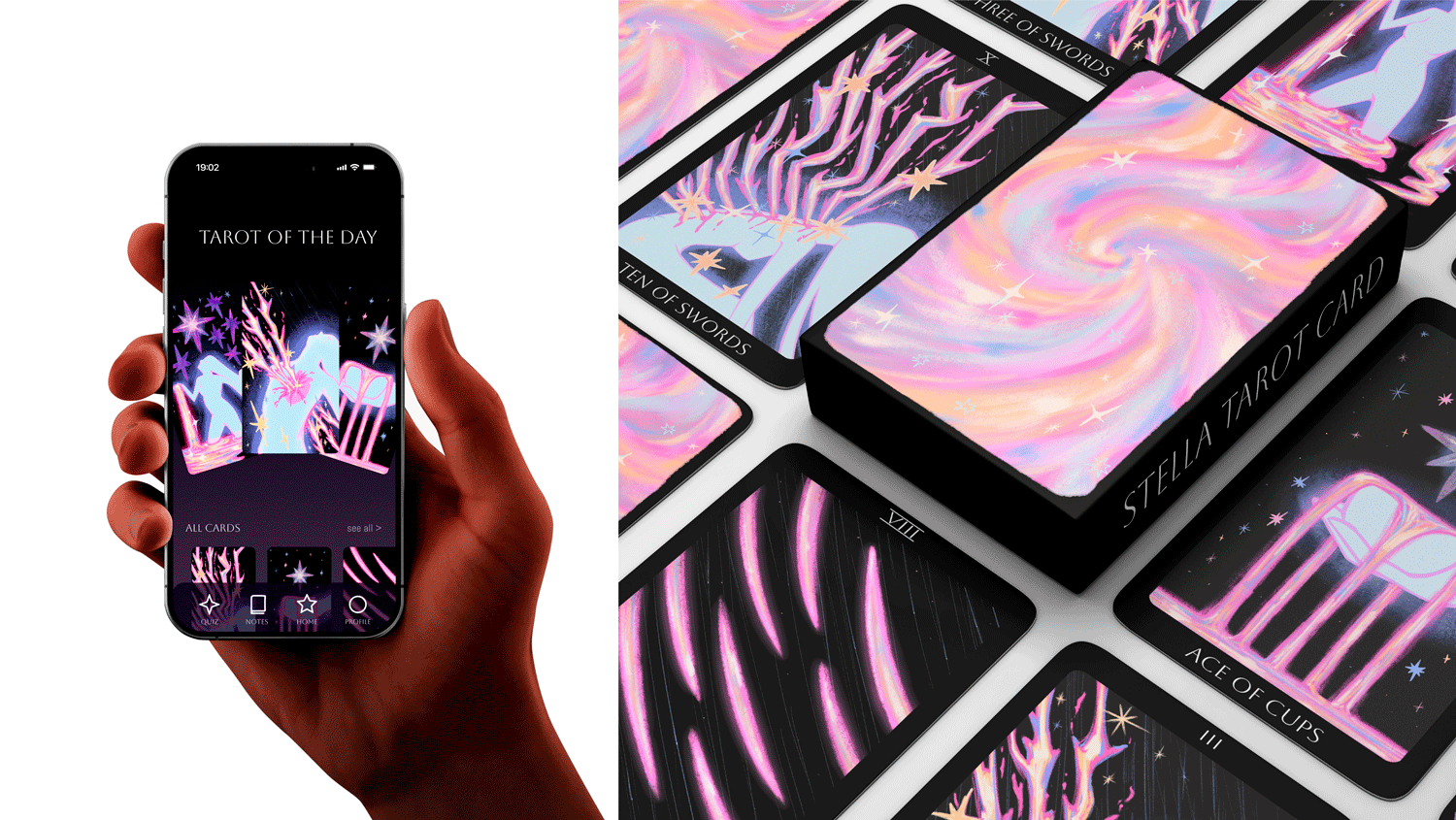 Six whimsical tarot card illustrations are presented in a three-card layout, highlighting dreamy celestial imagery and a cohesive colour palette.