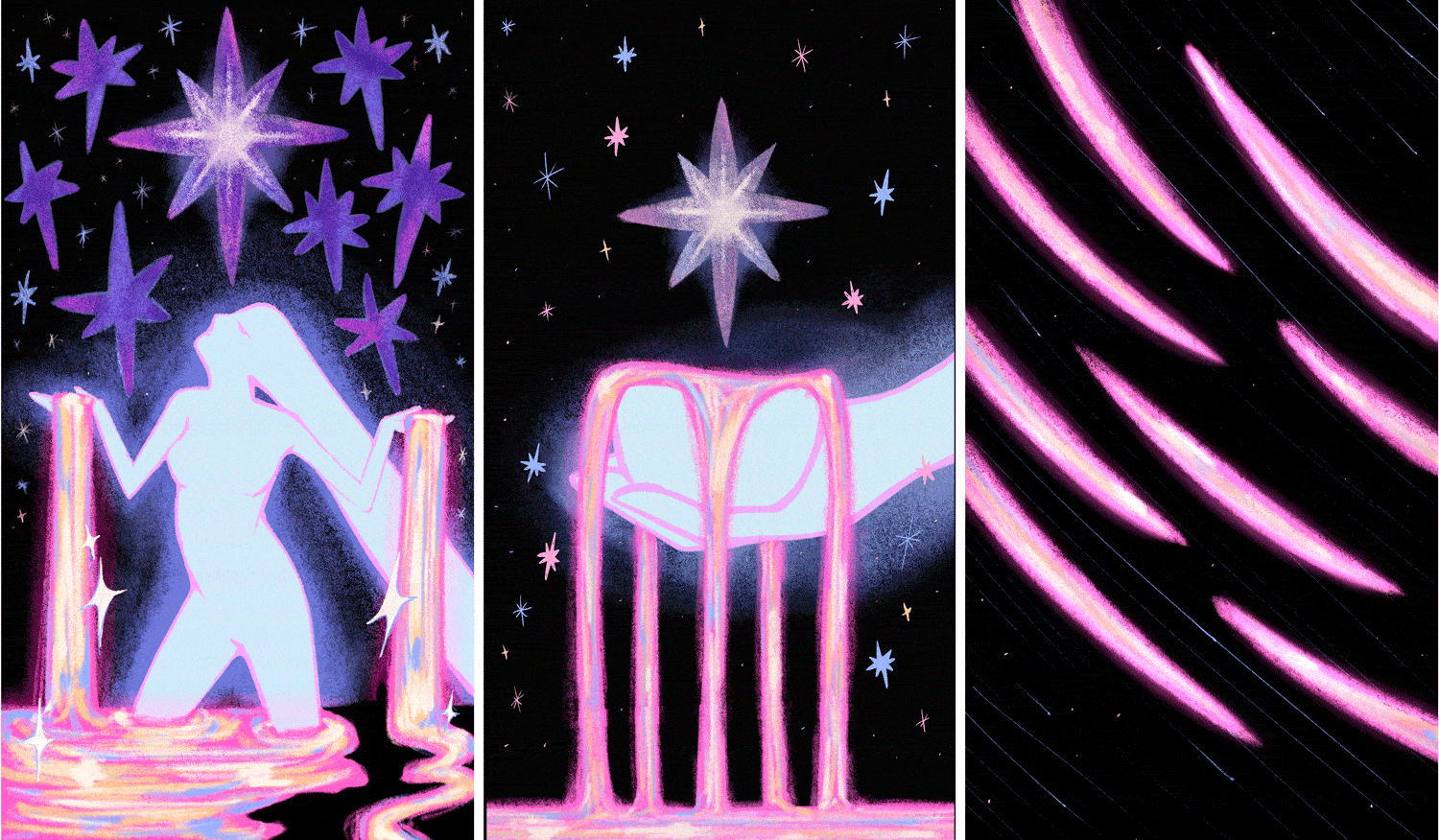 Mobile app mock-ups on the left transitioning through app screens, paired with physical tarot card and packaging mock-ups for Stella Tarot Cards featuring celestial, pastel-toned illustrations.