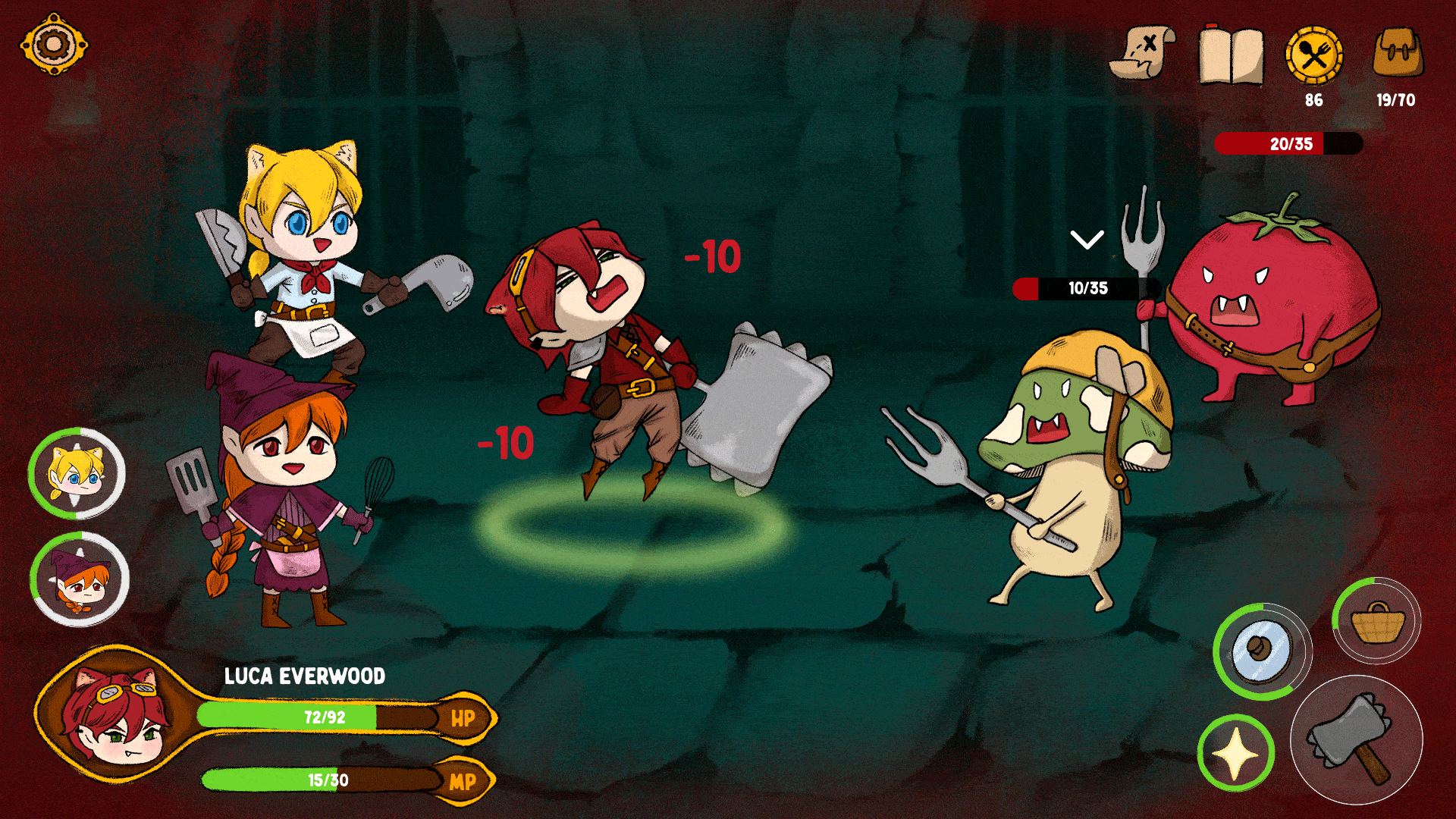 A GIF of game illustrations showing the protagonist being attacked by a mushroom creature; a moment where the protagonist stands with other characters facing creatures; and then the protagonist striking back, causing the mushroom creature to fly away.