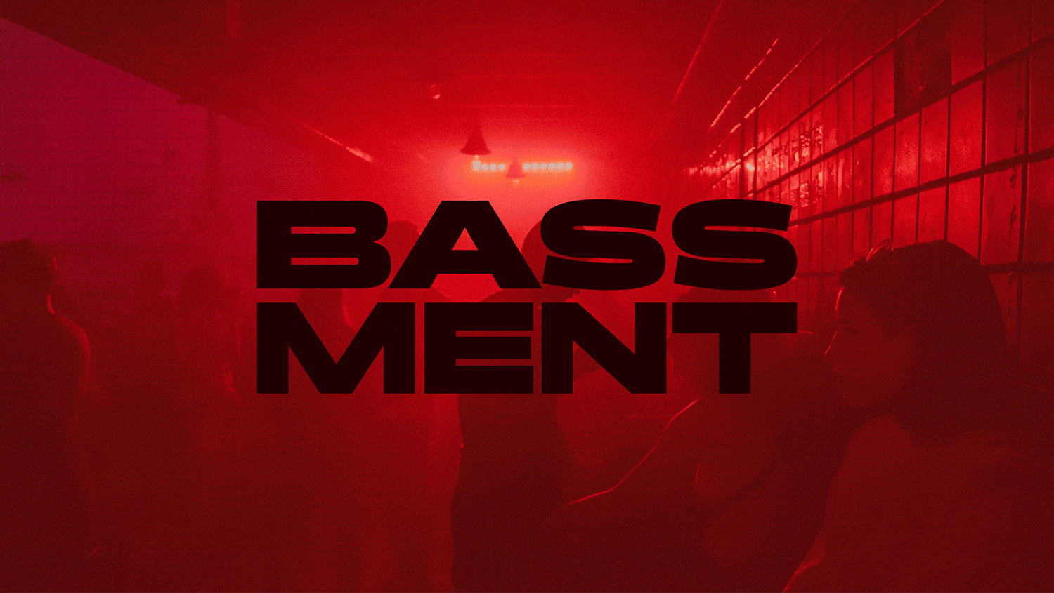 GIF of the Bassment logo superimposed onto a photo of people partying in a hallway, a graphic with the 7 portraits of the performers, a mock-up of the typographic poster on a concrete wall, a mock-up of the poster laid over concrete stairs, and a close-up of a spread of social media posts for BASSMENT.