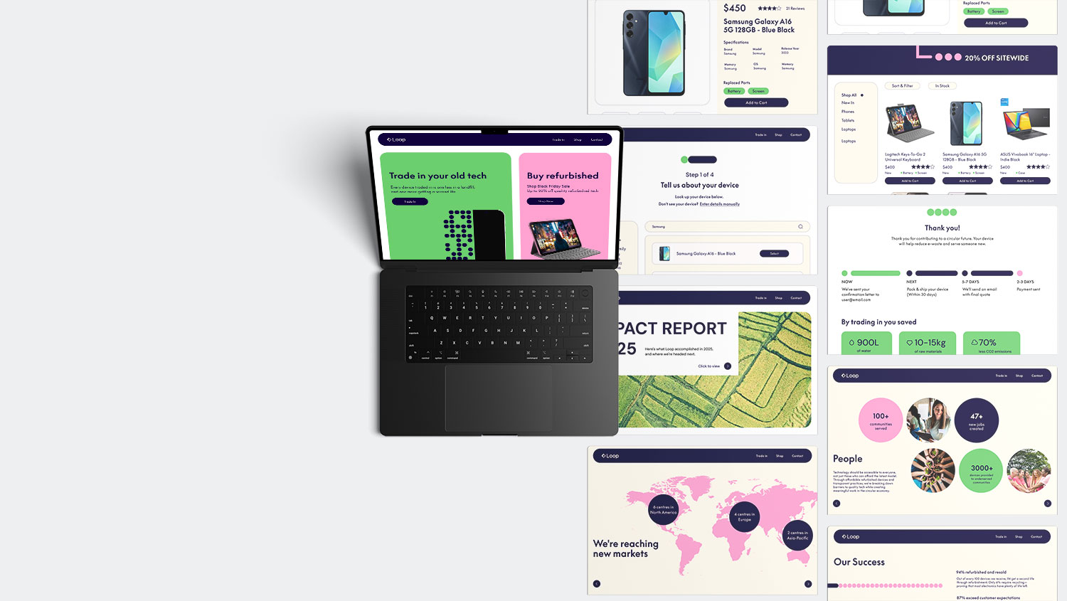 Top view of one laptop showcasing website design on a white background.