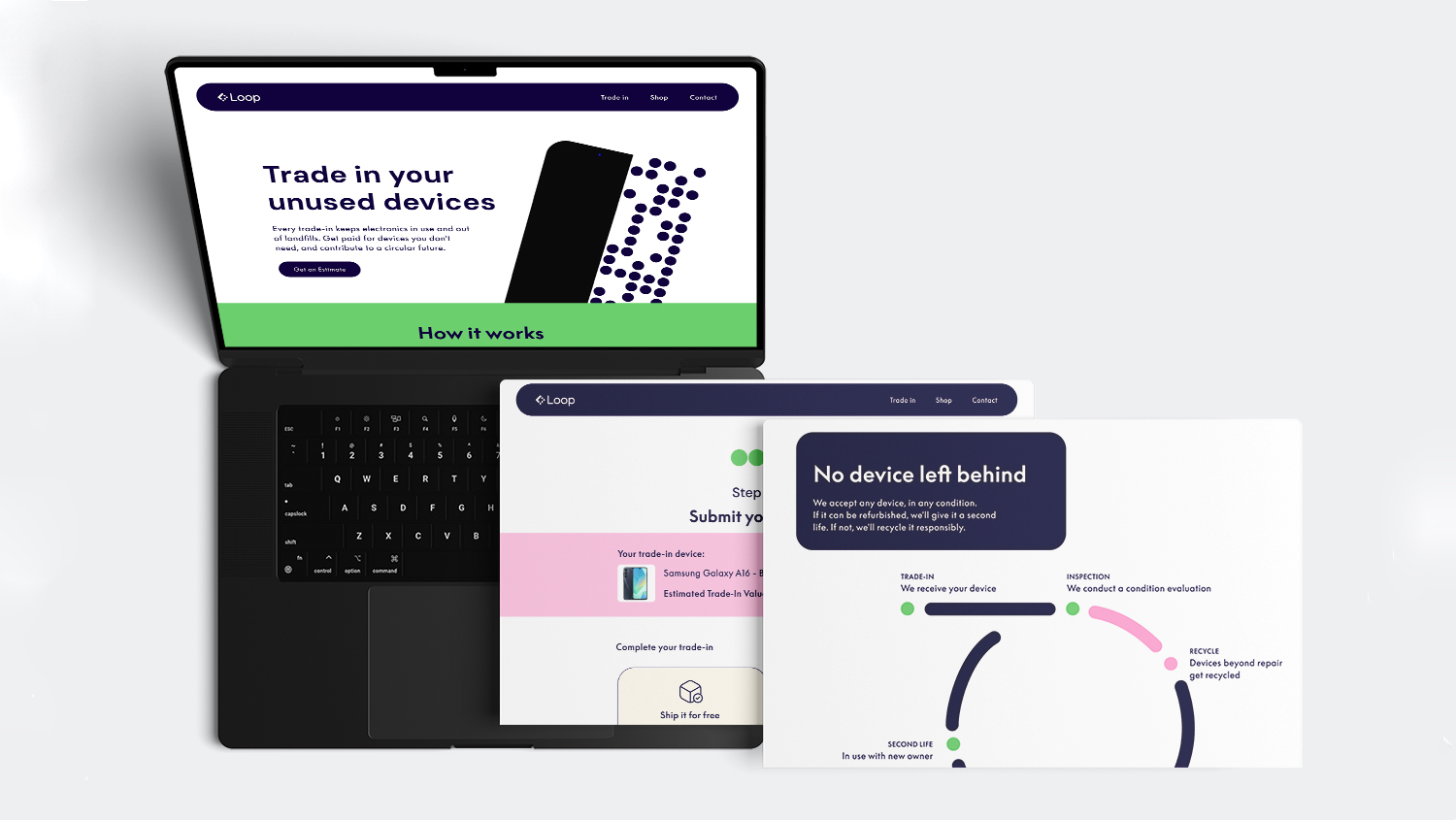 Top view of one laptop showcasing website design on a white background.