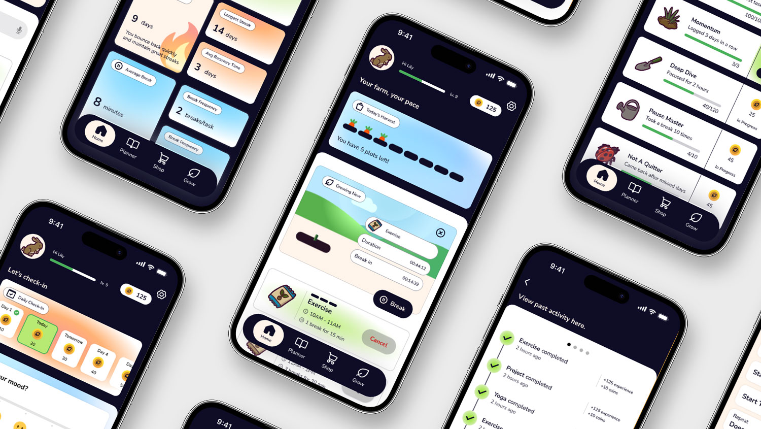 Top view of multiple iPhones arranged in a diagonal grid on a white background.