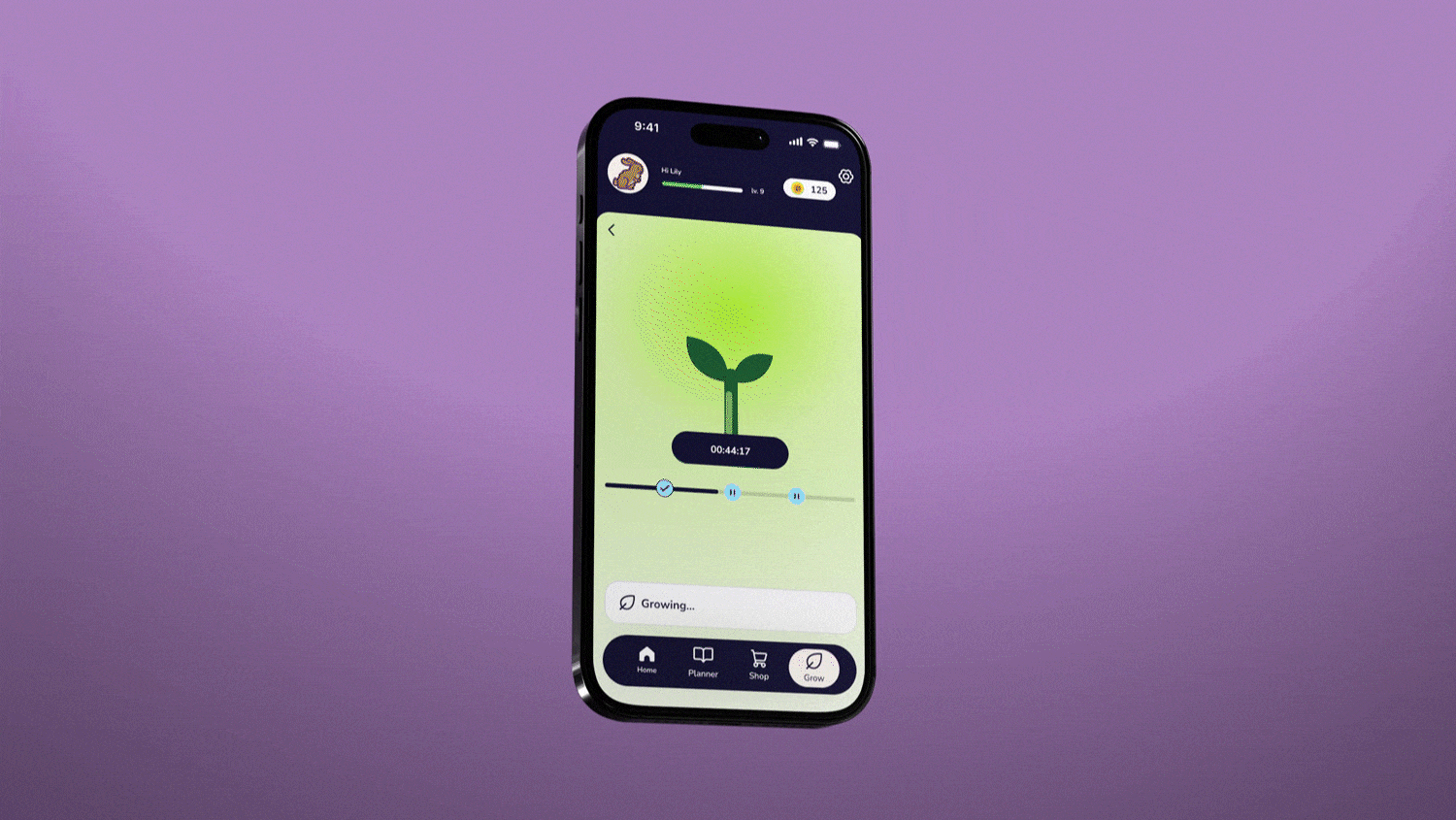 iPhone with a sequence of screens displayed on a lilac background.