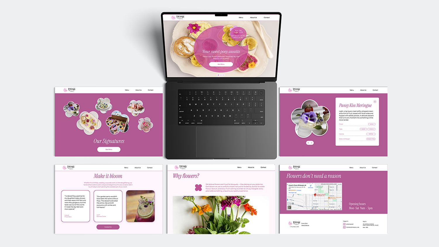 Top view of a laptop displaying a landing page, with five additional website screens arranged in a grid.