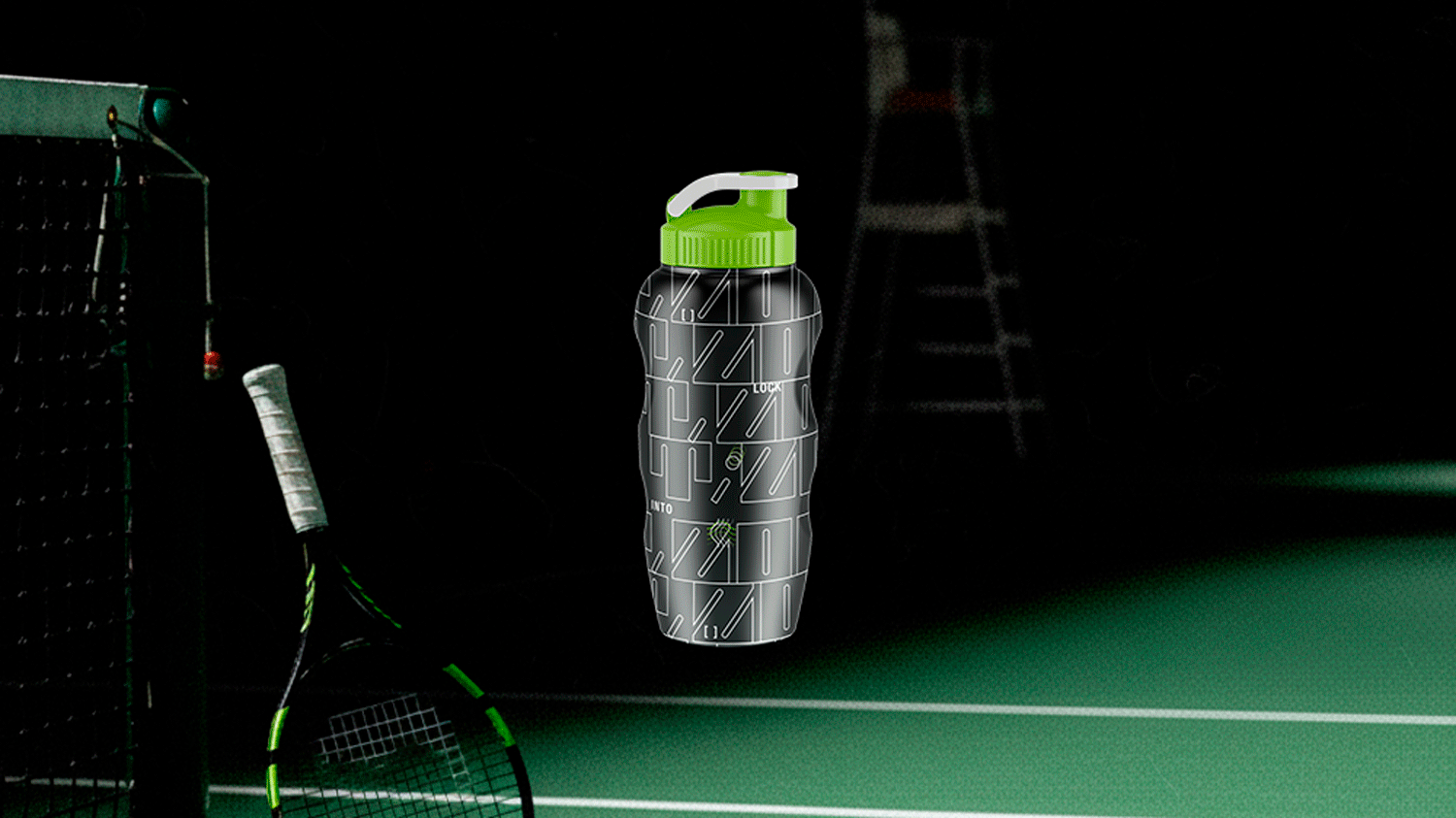 A GIF shows T.Zone merchandise overlaid on a dark photo of a tennis court, including a branded water bottle, an access card, and the front and back of a hoodie and a t-shirt.
