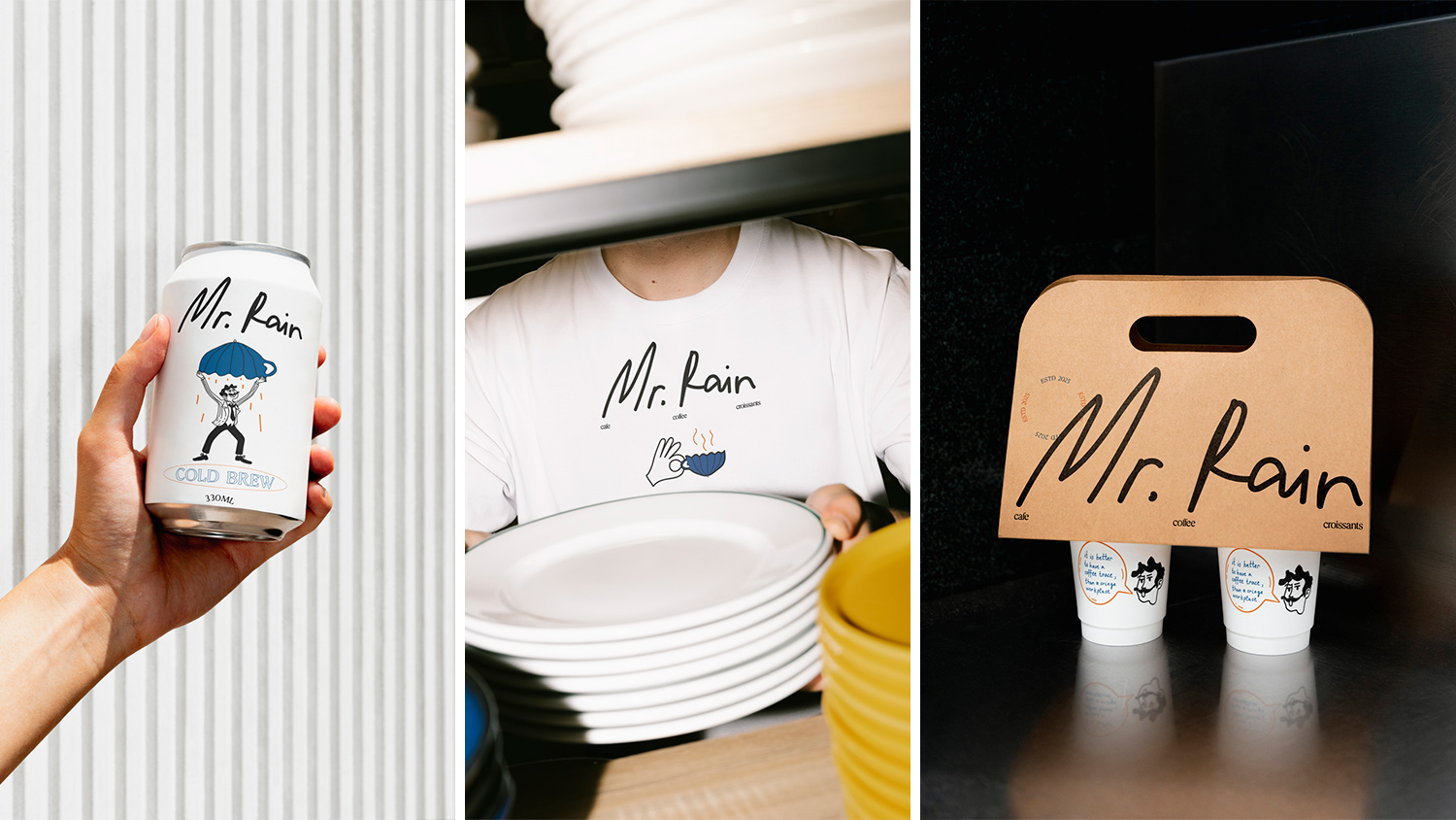 An image shows a series of merchandise, featuring the first image of a cold brew can, the second image of a t-shirt, and the third image of coffee cups with a holder.