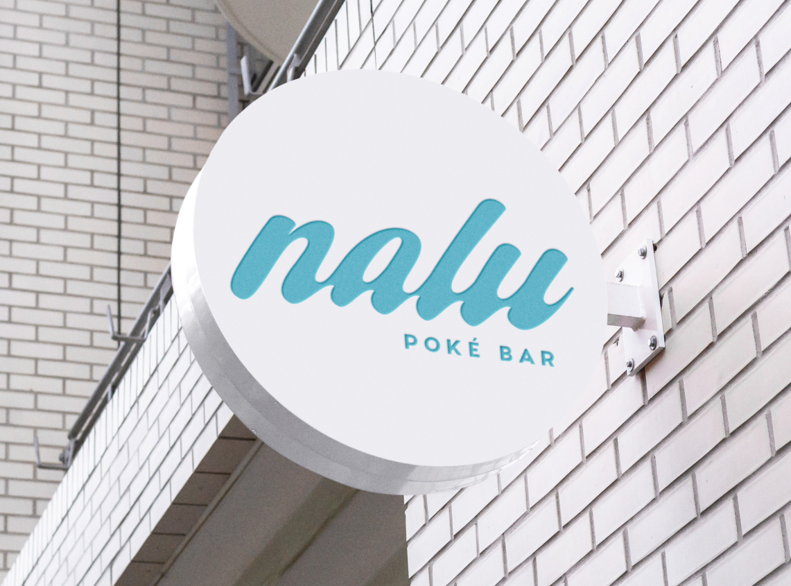 A brand identity showcase for Nalu Poké Bar featuring minimalist blue-and-white posters and outdoor signage with playful stickers.