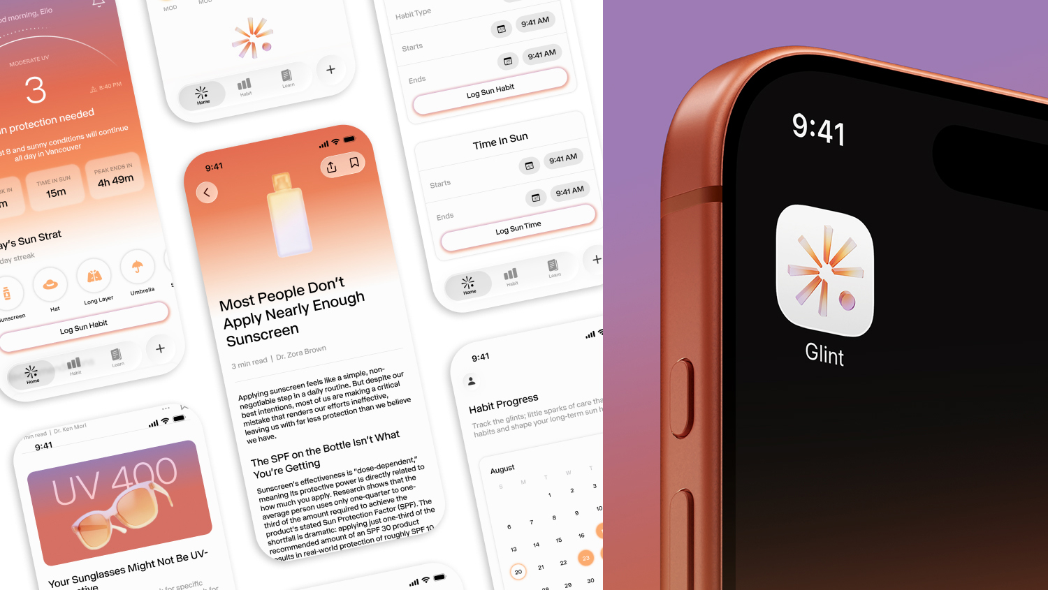 A collage of mobile app screens for Glint, a sun-care tracking app. The right side of the image features a close-up of a smartphone displaying the Glint app icon on a dark home screen.