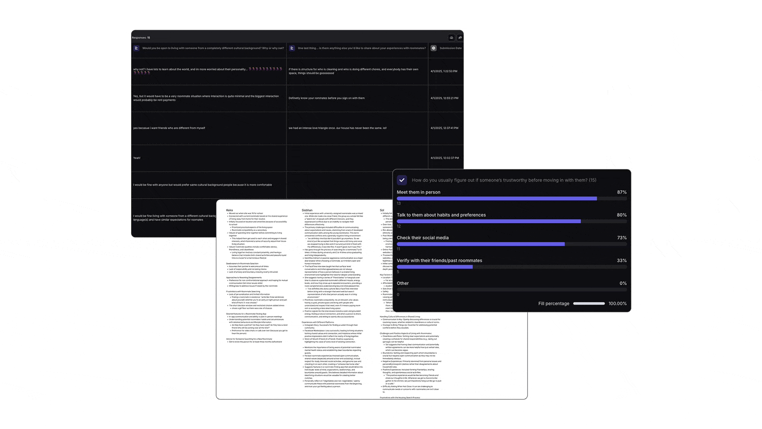 User research documentation for a roommate-finding app, featuring survey feedback, post-it notes brainstorming, wireframe sketches, and a mock-up of mobile three screens.