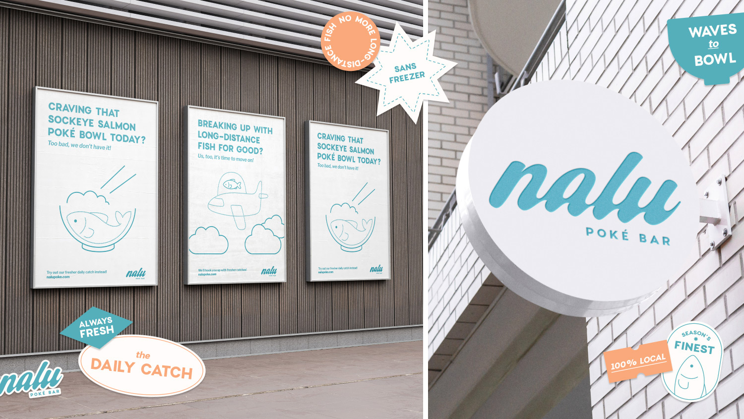 A brand identity showcase for Nalu Poké Bar featuring minimalist blue-and-white posters and outdoor signage with playful stickers.