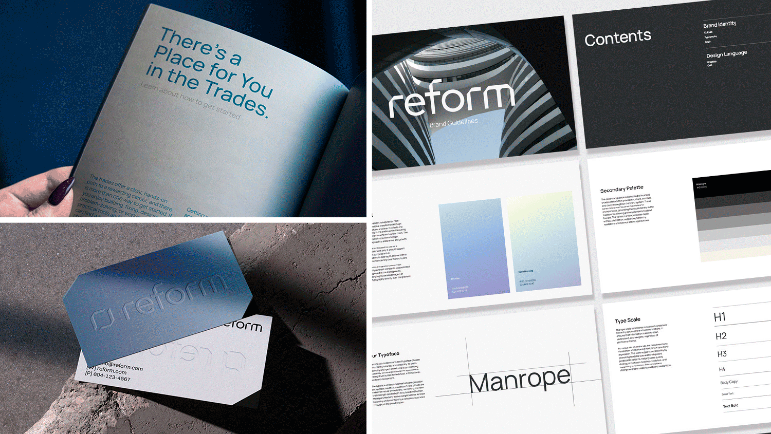 Composite image showing a booklet mock-up held in a woman’s hands at the upper left, front and back business card mock-ups on concrete at the bottom left, and slanted brand guide pages on the right.