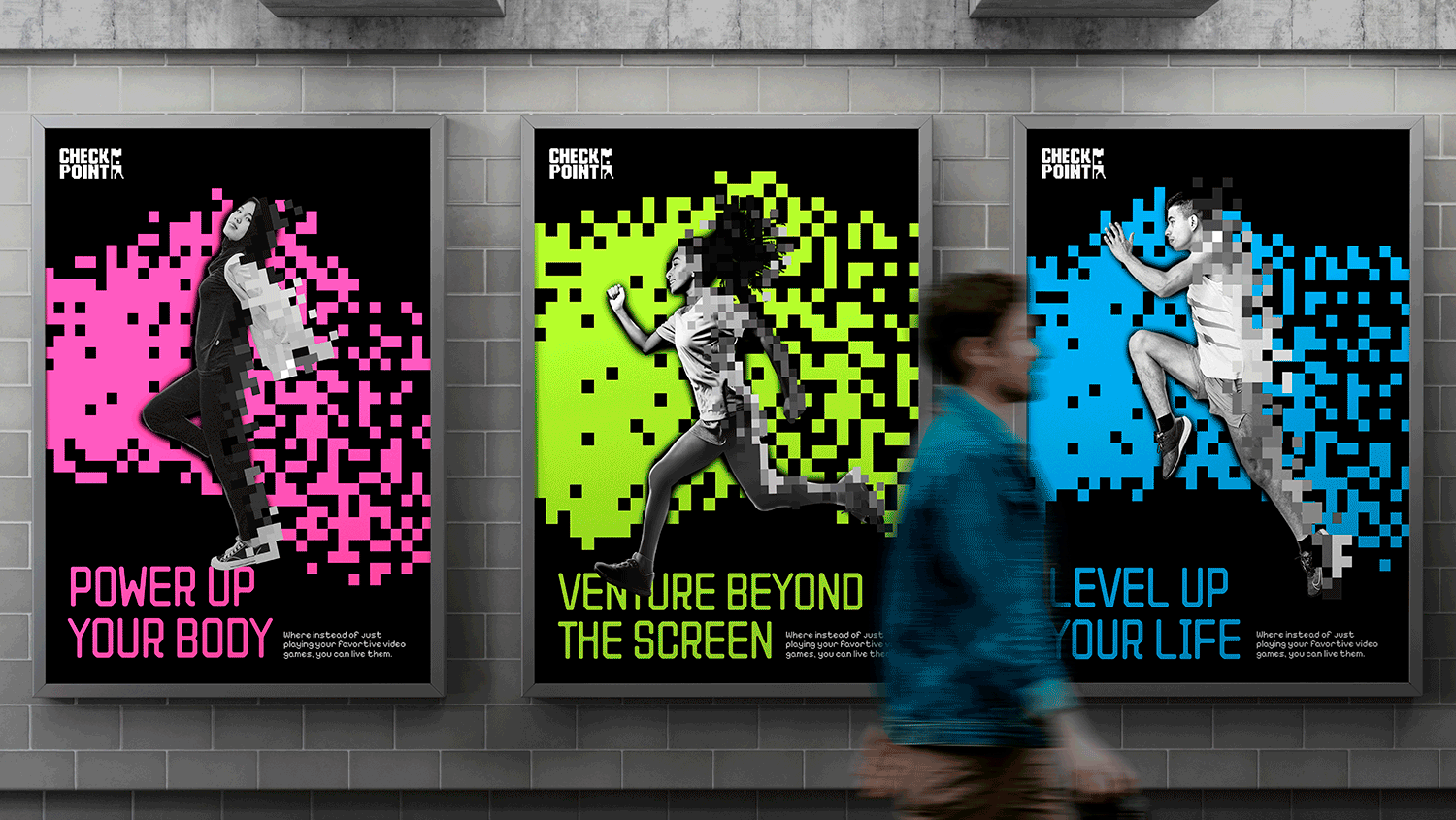 GIF starting with a blurred grey background displays three posters advertising Checkpoint. It then transitions to a green wall in a gym, followed by a t-shirt with a green video game-inspired design, pixel art patches, and water bottles decorated with stickers.