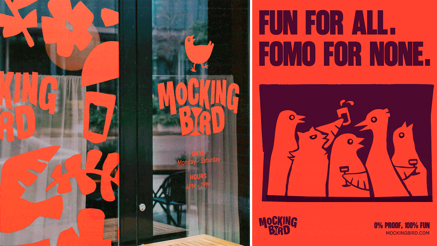 A GIF showing the Mockingbird storefront, transitioning to a branded bag, coasters, menu front, and then t-shirt, while illustrated posters cycle through on the right.