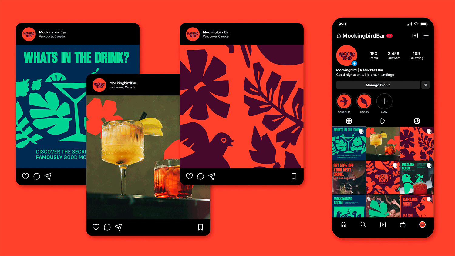 Three Instagram posts on the left rotate through various content from Mockingbird’s account. On the right, a phone-shaped frame shows the posts in the Instagram grid and examples of Instagram Stories.