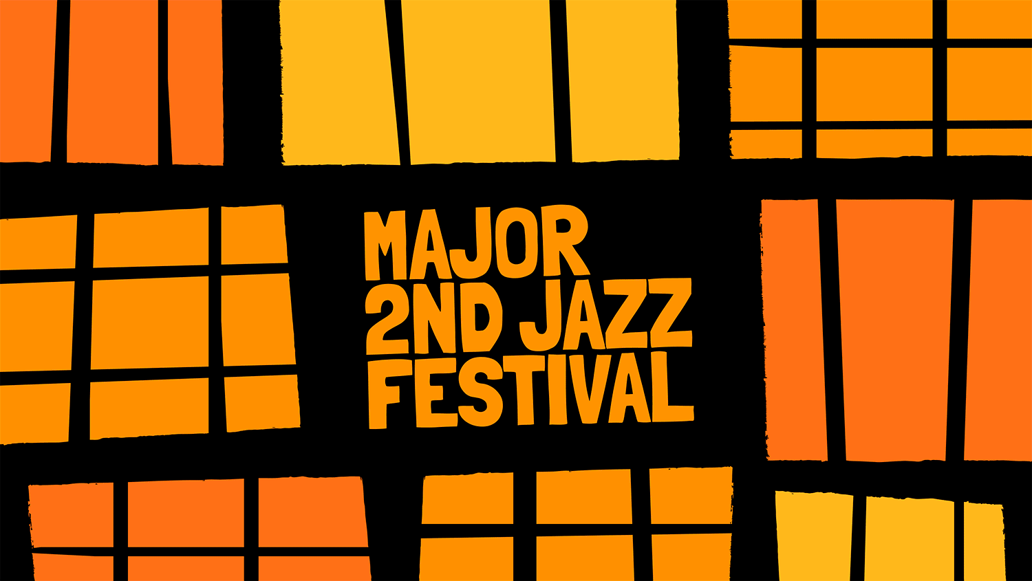 Blocky illustrated windows surround the wordmark for Major 2nd Jazz Festival. The GIF cycles through festival tickets, a poster mock-up, and social media assets for the event.