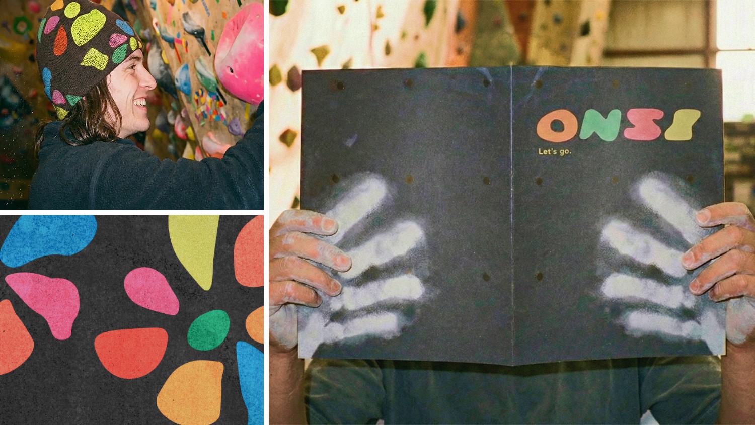 Visual identity for ONSI Climbing Magazine, featuring a climber in a colourful beanie, a pattern of organic rock-hold shapes, and a magazine being held with its cover facing the camera.