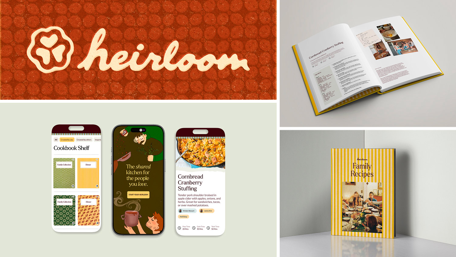 A collage of the Heirloom recipe platform featuring a mobile app, a printed hardcover book with yellow stripes, and a hand-drawn logo on a textured red background.