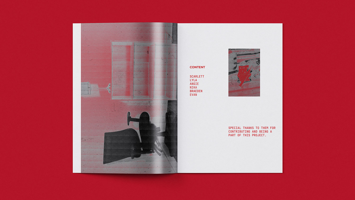 Inner spreads of a magazine featuring bold duotone photography and red monotype text.
