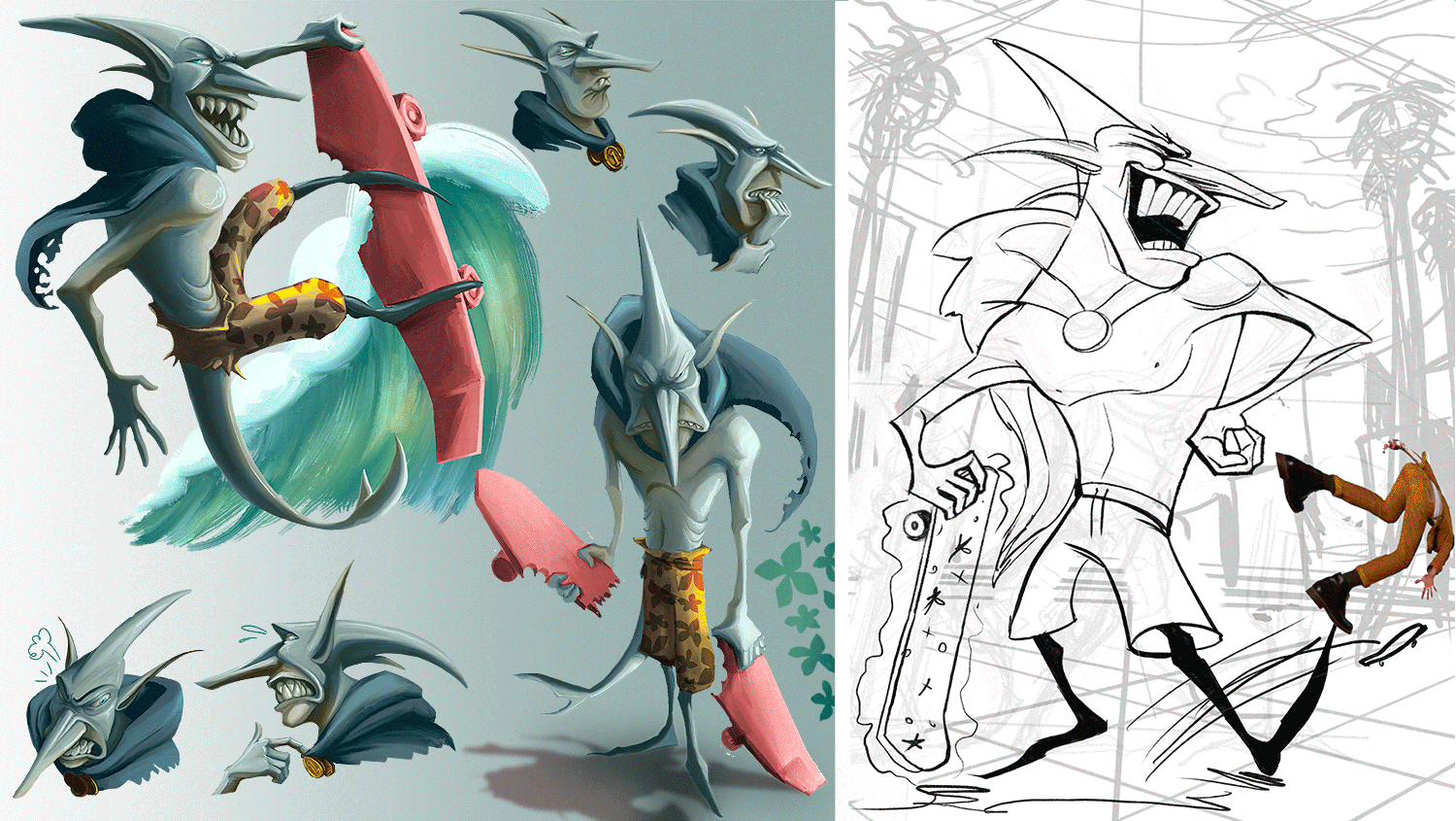Illustrations showcasing a time-lapse GIF of Jawnathan, a stylized humanoid goblin shark character design in dynamic poses holding a surfboard/skateboard prop for game art, showing development evolving from sketch to final character sheet and hero pose illustration.